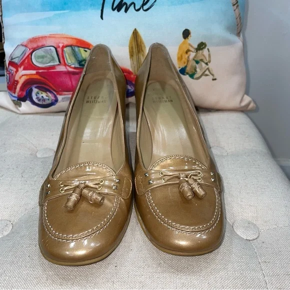 Stuart Weitzman moccasin pump Gold leather Heels Size 8W Women'S - Picture 3 of 10